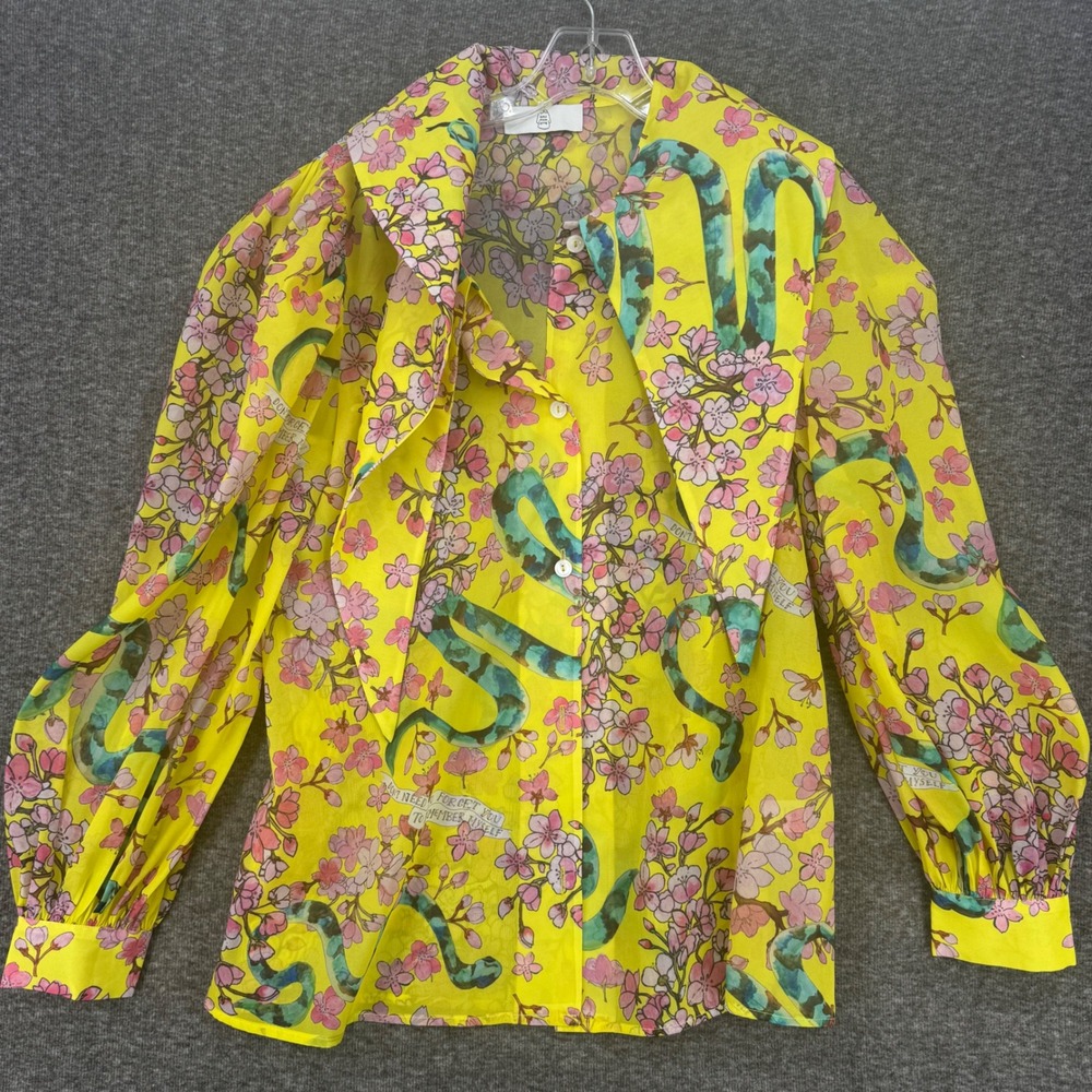 Dauphinette Yellow Cherry Blossom Snake Print Lantern Puff Sleeve Blouse size S - Picture 2 of 9